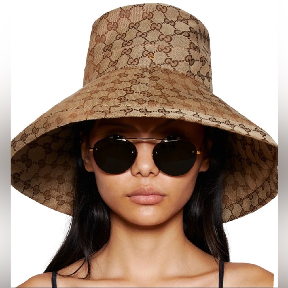 Monogram Wide Large Brim Beige Tan Canvas Bucket Hat Jacquard Sun Coverage New - Picture 5 of 16